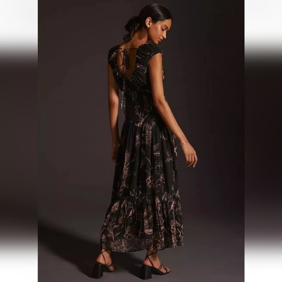 Anthropologie Dresses & Skirts - Anthropologie Black Floral Ruched Viscose, Modal Dress Long Midi Medium